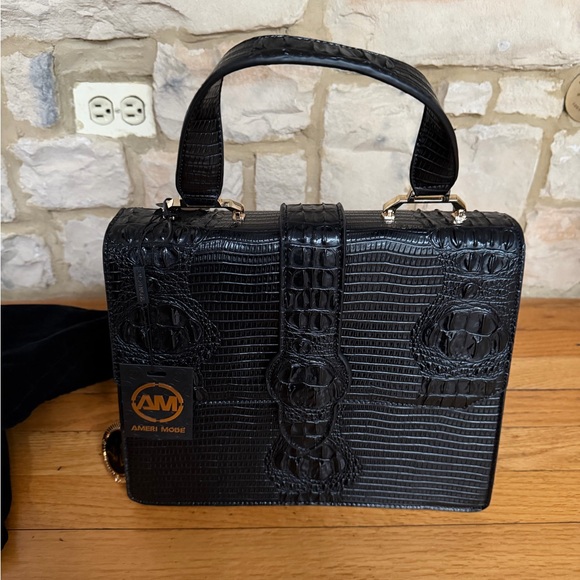 Handbags - Black Croc-Embossed Structured Top-Handle Bag with Wallet